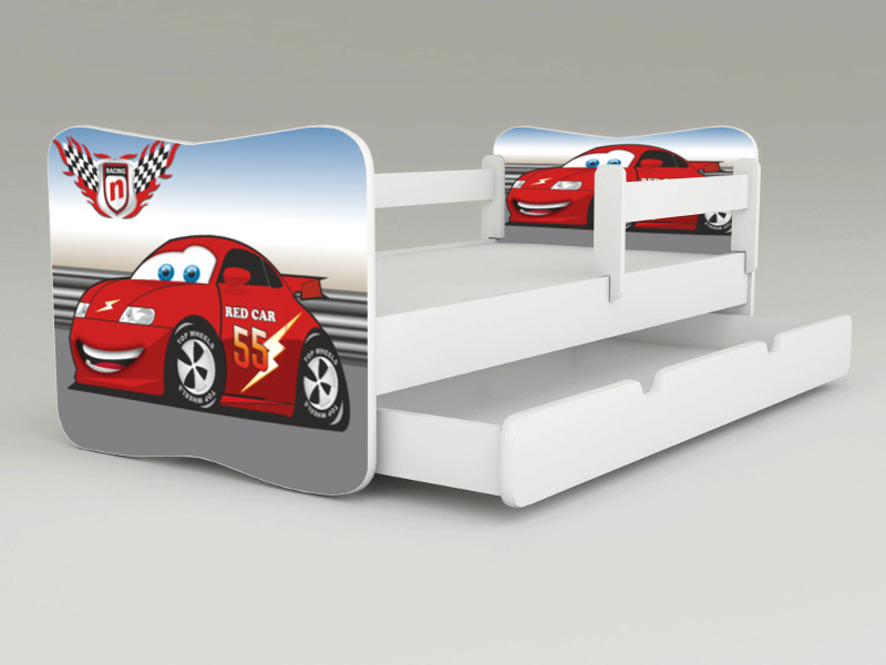 Detská posteľ s odnímateľnými bočnicami + šuflík Auto červené